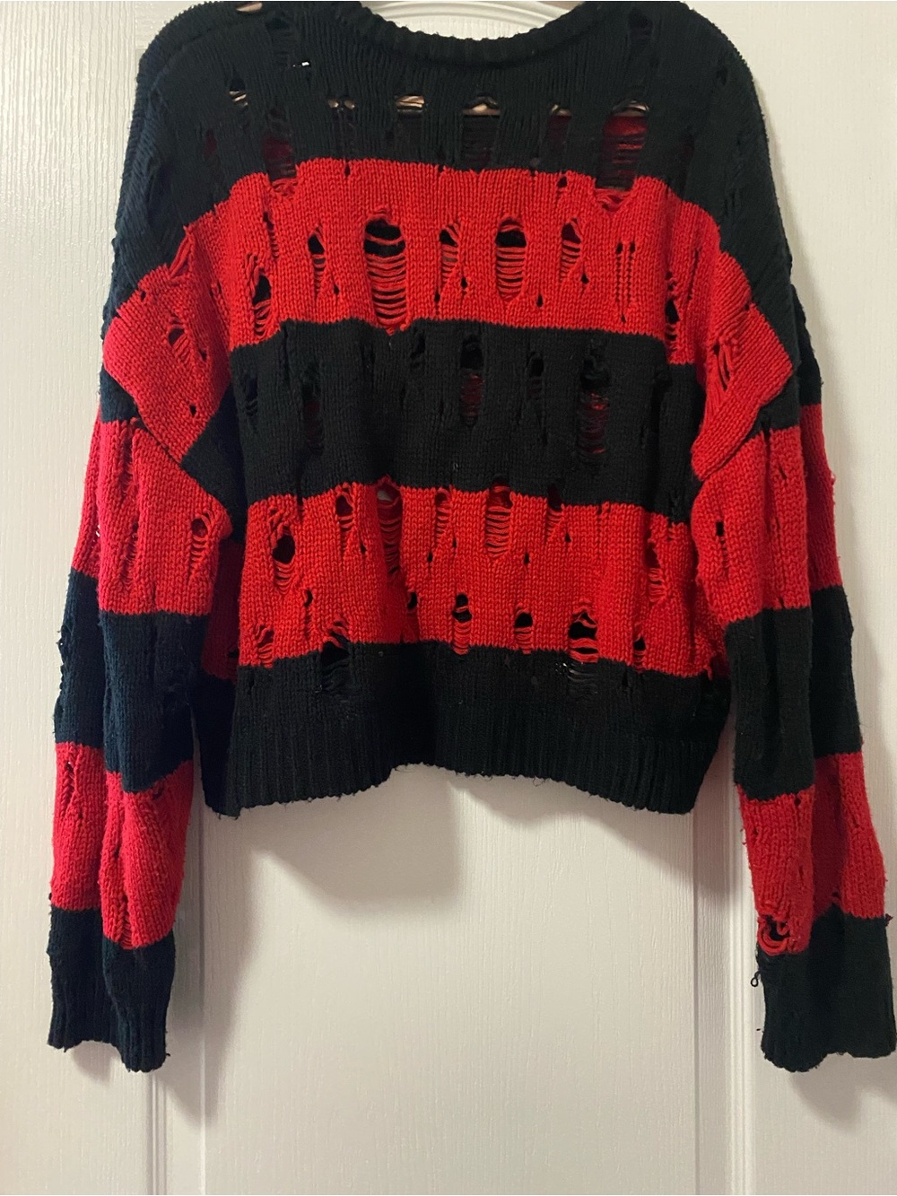 Goth Distressed Freddy Krueger Vibe Red & Black Striped Cropped Sweater - Picture 11 of 11